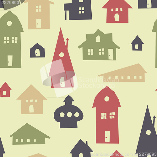 Image of Different shapes houses seamless pattern. Vector