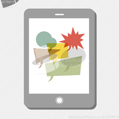 Image of Tablet device with many speech bubbles. Vector