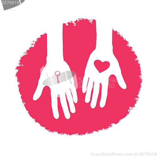 Image of Key and heart as a gift. Valentines day logo design, vector illu