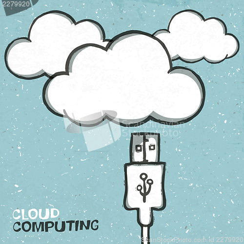 Image of Cloud computing concept illustration, usb cabel and clouds icons