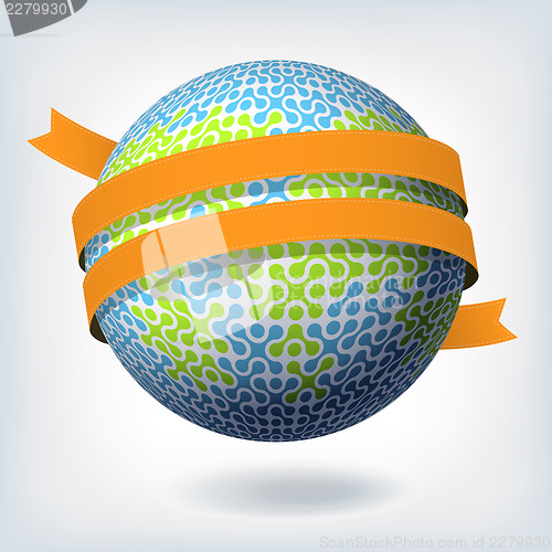 Image of Abstract globe symbol with orange ribbon. Vector illustration, E