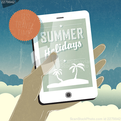 Image of Summer holidays conceptual illustration. Smart phone in hand. Ve