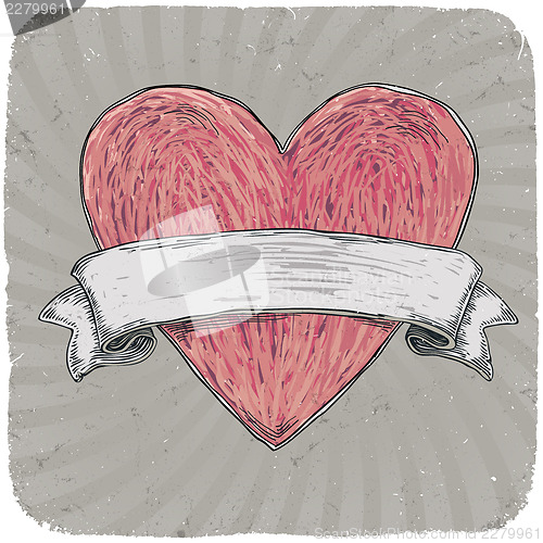 Image of Retro styled tattoo heart with ribbon for your text. Layered. Ve