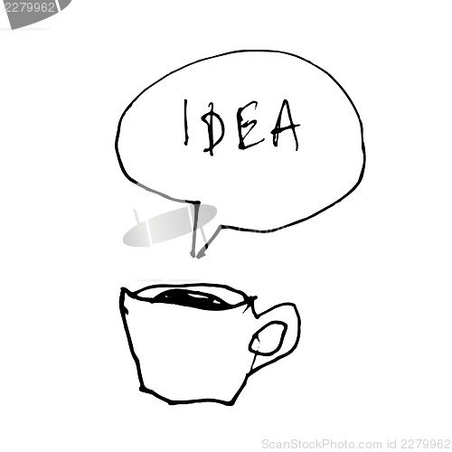 Image of Coffee cup symbol with idea word in speech bubble. Hand-drawn il