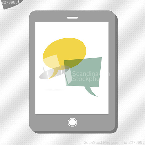 Image of Tablet device with speech bubbles. Vector