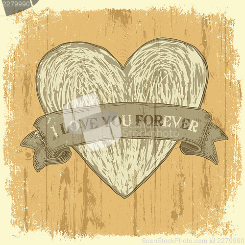 Image of Grunge heart with ribbon. Vintage background, vector.