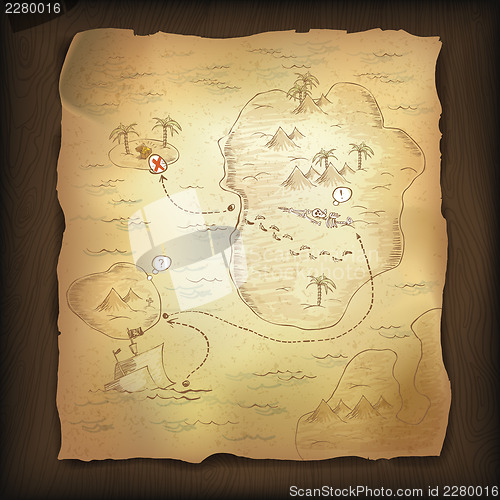 Image of Treasure map on wooden background. 