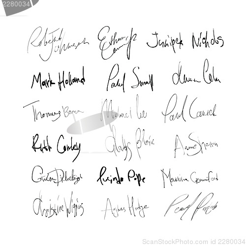 Image of Signatures of mans and womans abstract names. On transparent bac