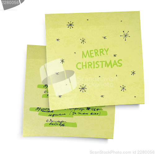 Image of Business yellow sticky notes with Merry Christmas greetings. Vec