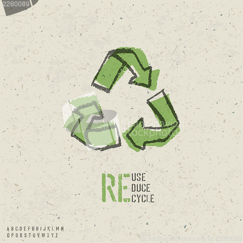 Image of Reuse, reduce, recycle poster design.  Include reuse symbol imag