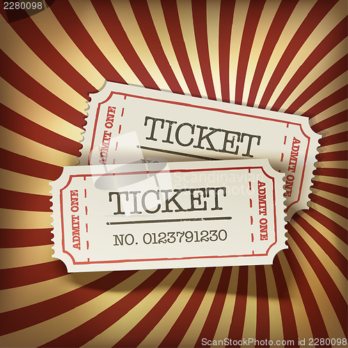 Image of Cinema tickets on retro rays background, vector.