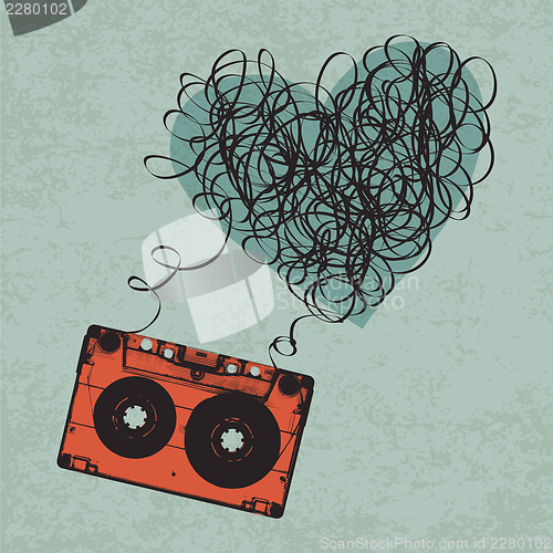 Image of Vintage audiocassette illustration with heart shaped messy tape.