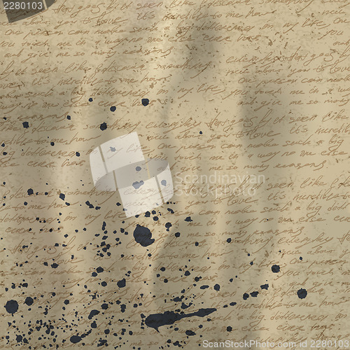 Image of Abstract handwriting on old crumpled vintage paper with ink splu
