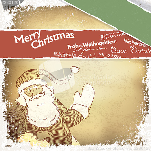 Image of Retro Santa Claus greetings in different languages. Vector, EPS1