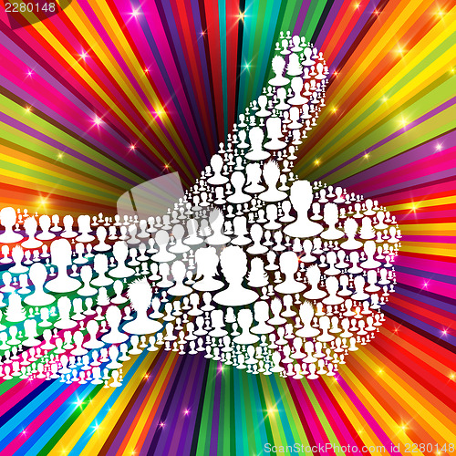 Image of Thumb up symbol on colorful rays background. Composed from many 