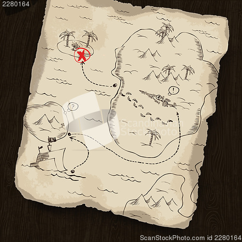 Image of Treasure map on wooden background. Map under mask, you can chang