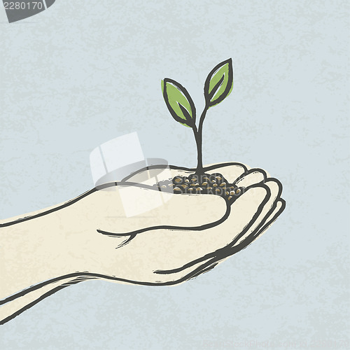 Image of Hands with green sprout and dirt heap. Hand-drawn vector illustr