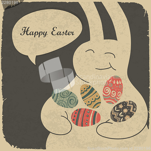 Image of Chocolate rabbit and easter eggs. Retro style illustration.