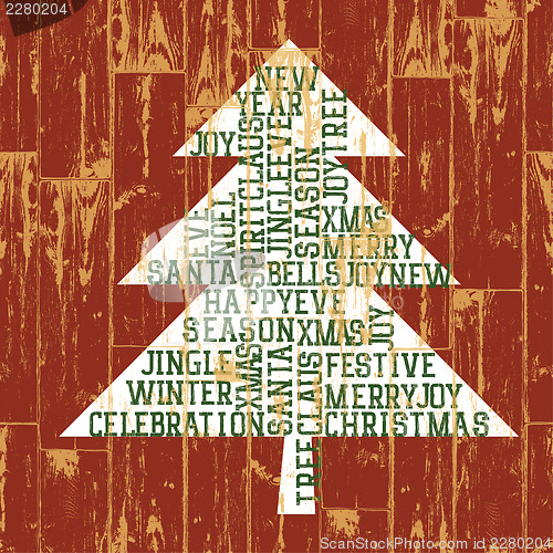 Image of Christmas tree words composition. Vintage styled illustration, E