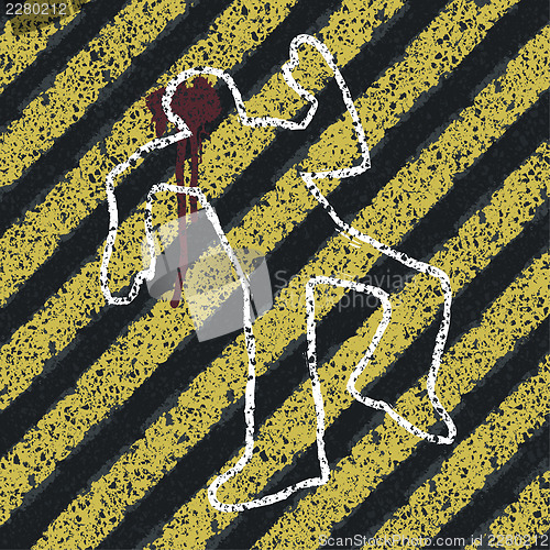 Image of Murder Silhouette on yellow hazard lines. Accident prevention or