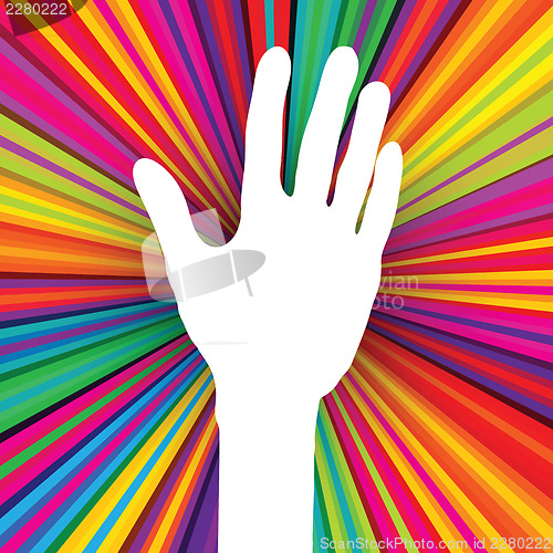 Image of Hand silhouette on psychedelic colored abstract background. Vect