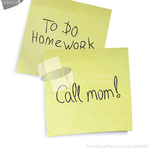 Image of Call mom reminder. Text on yellow sticky notes, vector, EPS10.