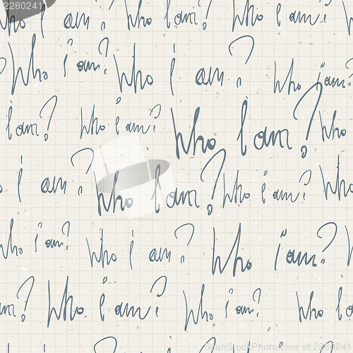 Image of "Who i am?" seamless pattern. With notepad paper texture. Vector