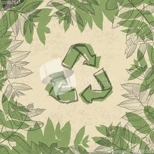Image of Recycle symbol, printed on reuse paper. In frame of leaves. vect