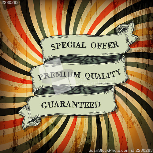 Image of Vintage ribbon with sample text on colorful rays background. Vec