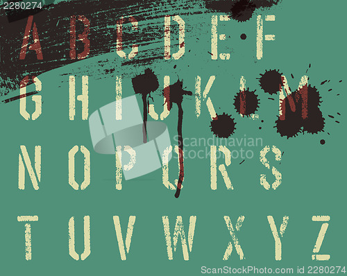 Image of Grunge stencil alphabet with drops and streaks. Vector, EPS10