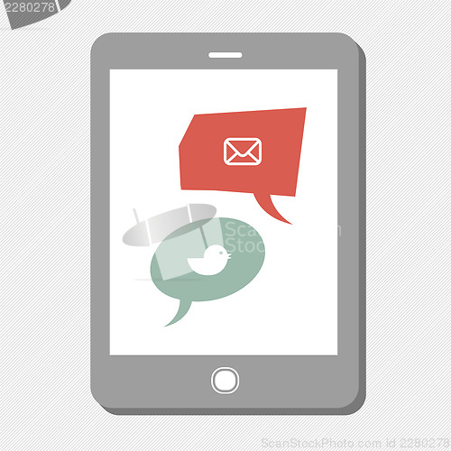 Image of Tablet device with social media icons in speech bubbles. Vector