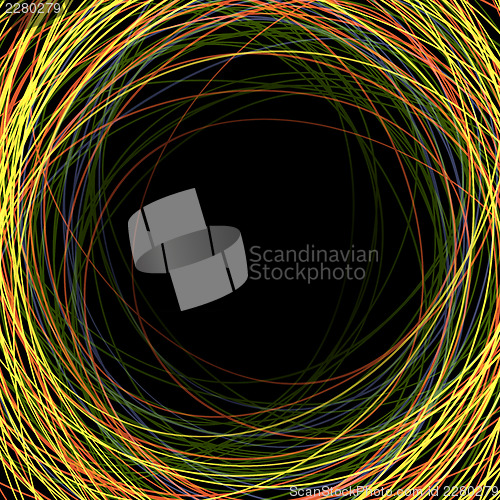 Image of Abstract colorful scribbles on a black background with space for