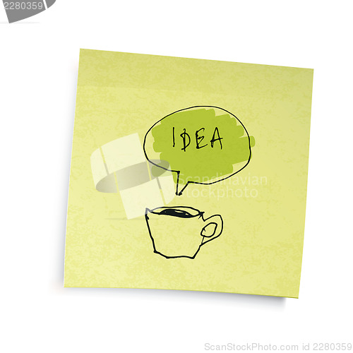 Image of Yellow sticky notes with coffee cup "idea" illustration. Vector 