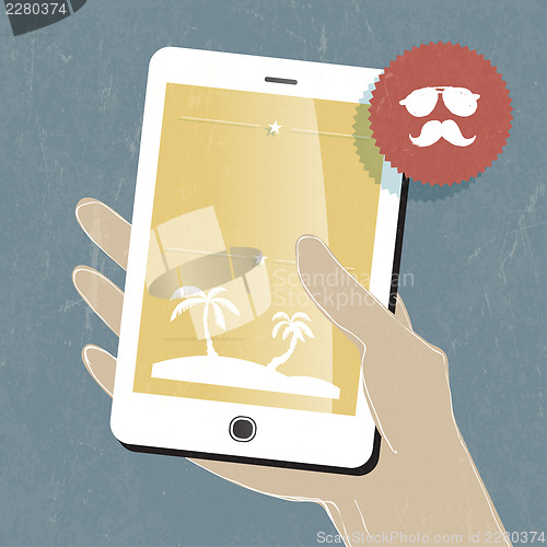 Image of Summer travel conceptual illustration. Smart phone in hand. Vect