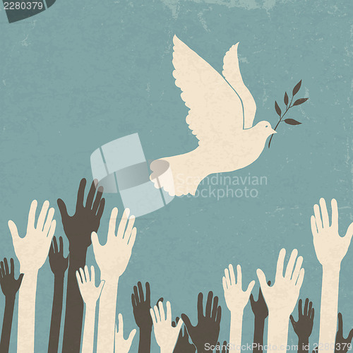 Image of Group of hands and dove of peace. Retro illustration, EPS10