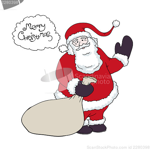 Image of Santa Claus with a sack of gifts congratulations says in baloon.