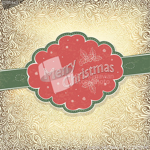 Image of Merry Christmas vintage card with snowy pattern. Vector illustra