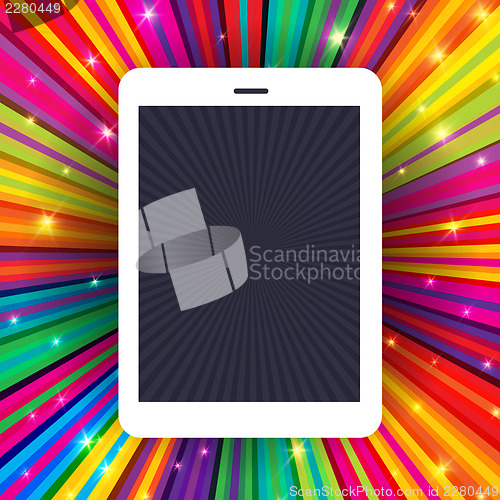 Image of Tablet device on colorful rays background. Conceptual illustrati