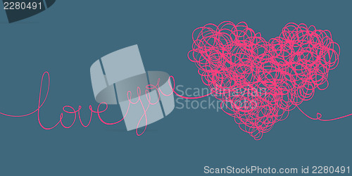 Image of "love you" words and heart shaped line scribbles on letter forma