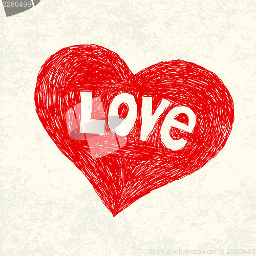 Image of Heart symbol with love word on old paper. Vector illustration, E