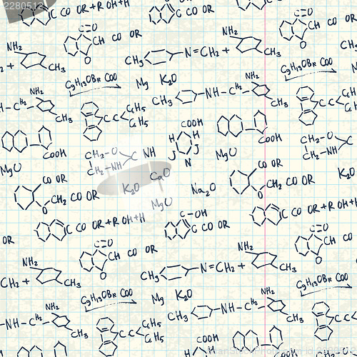 Image of Abstract chemistry formulas on exercise book paper sheet. Vector