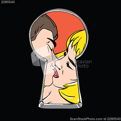Image of Peeping couple kiss through keyhole.