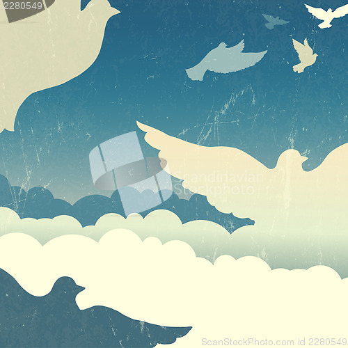 Image of Doves in summer sky with clouds. Vector