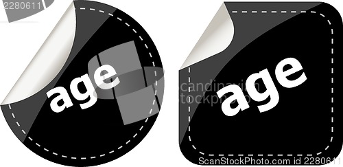 Image of age word on black stickers button set, label