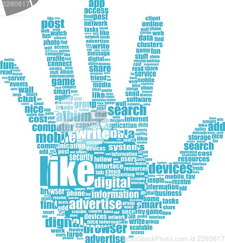 Image of Lke hand symbol with tag cloud of word