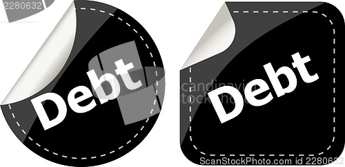 Image of debt word on black stickers button set, business label