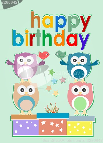 Image of card with cute owl, birds and gift boxes - happy birthday