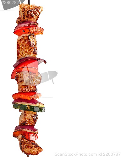 Image of grilled meat kebab on white background