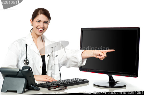 Image of Female physician pointing at computer screen