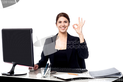 Image of Business is great. Cheerful corporate woman.